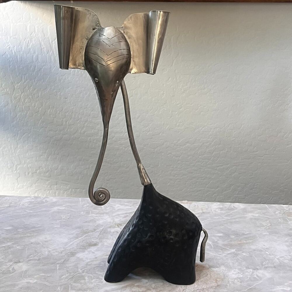 Flapping Ear Elephant Candle Holder 17" Tall Metal & Wood Handmade In India